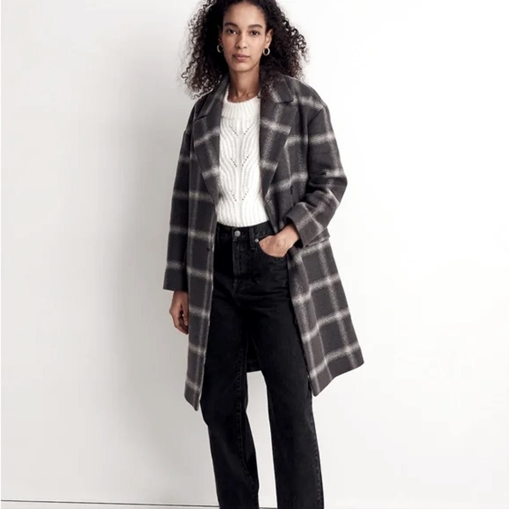 Madewell Hayden Windowpane Wool Coat, Charcoal Gray, Women’s Small
